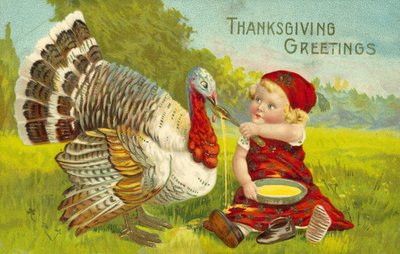 Tarjeta de Acción de Gracias con niña y pavo de American School